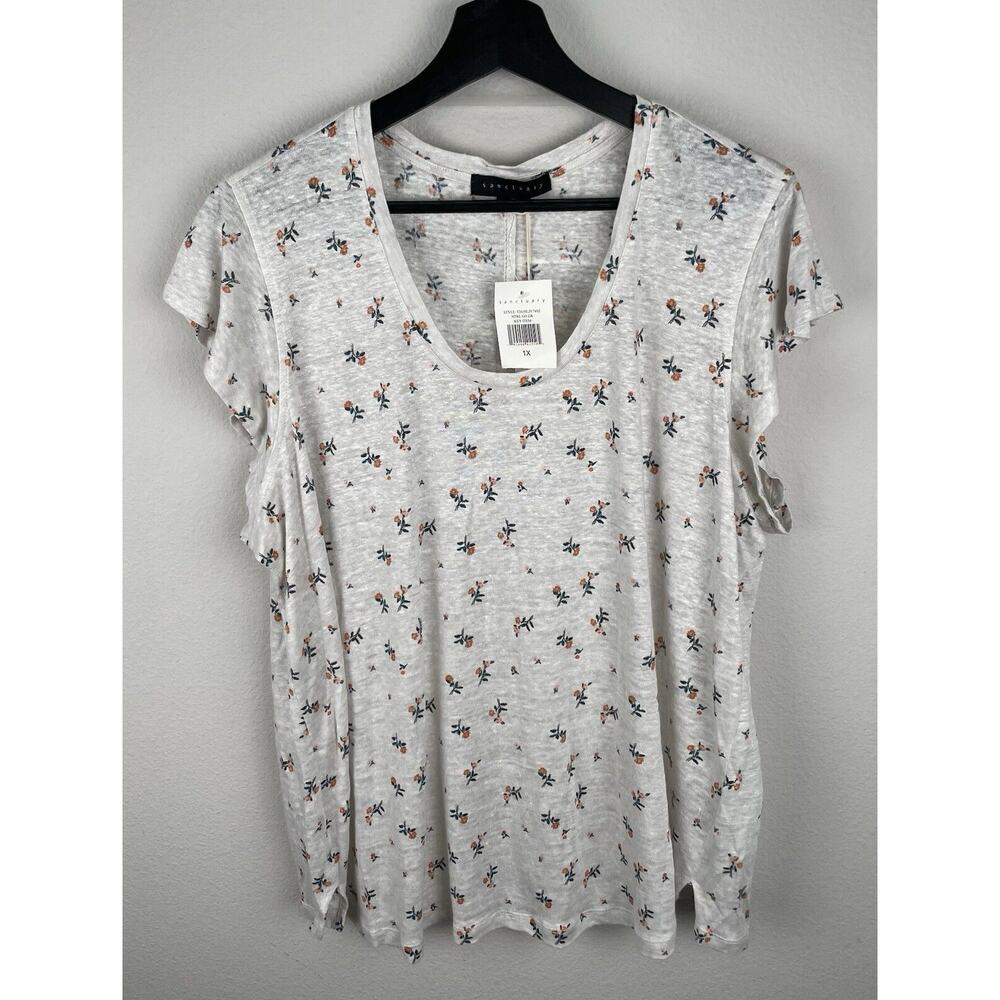 Sanctuary Top Womens Size 1X White Short Sleeve Floral Linen Spring Beachy NWT